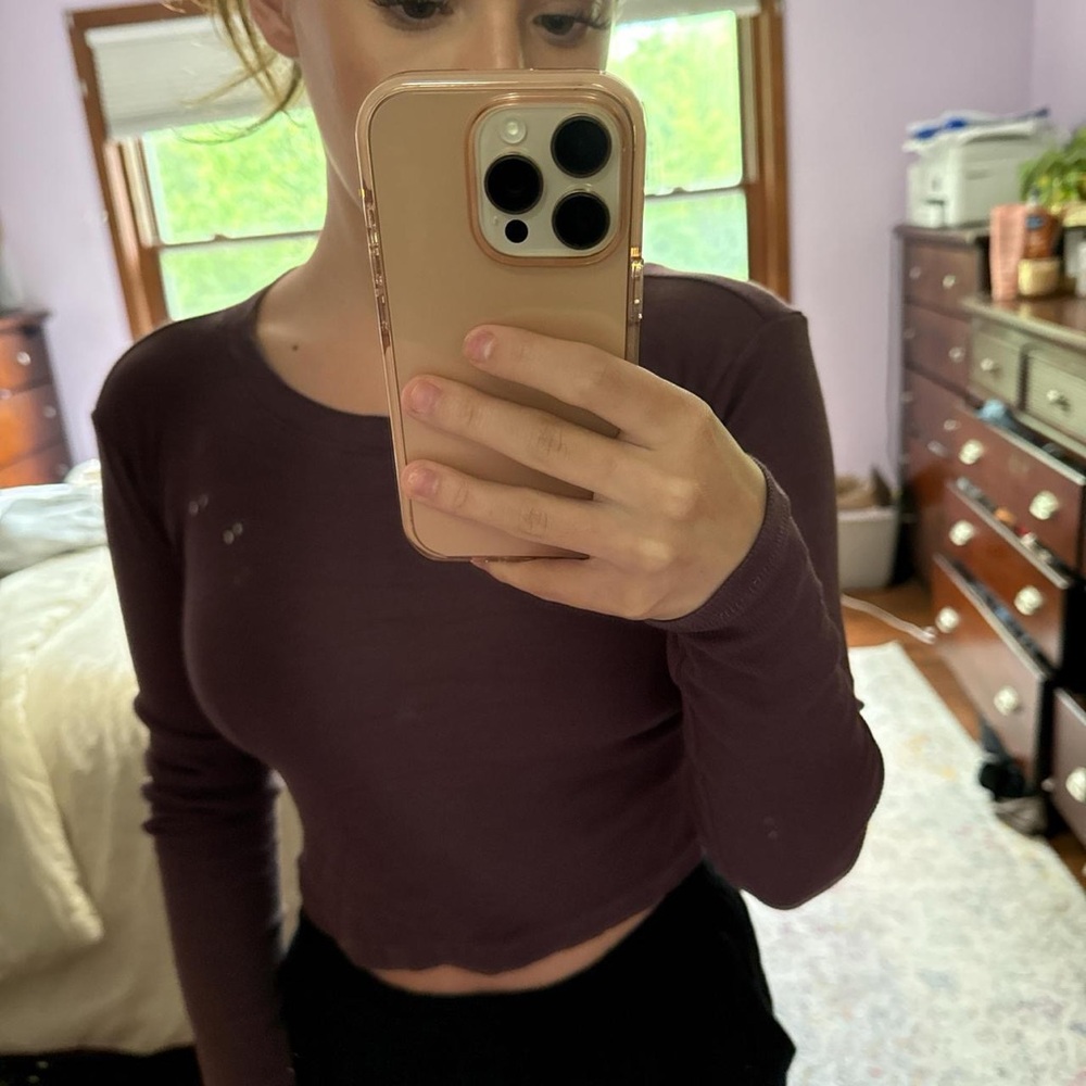 Madewell Brown Fitted Long Sleeve Crop Top